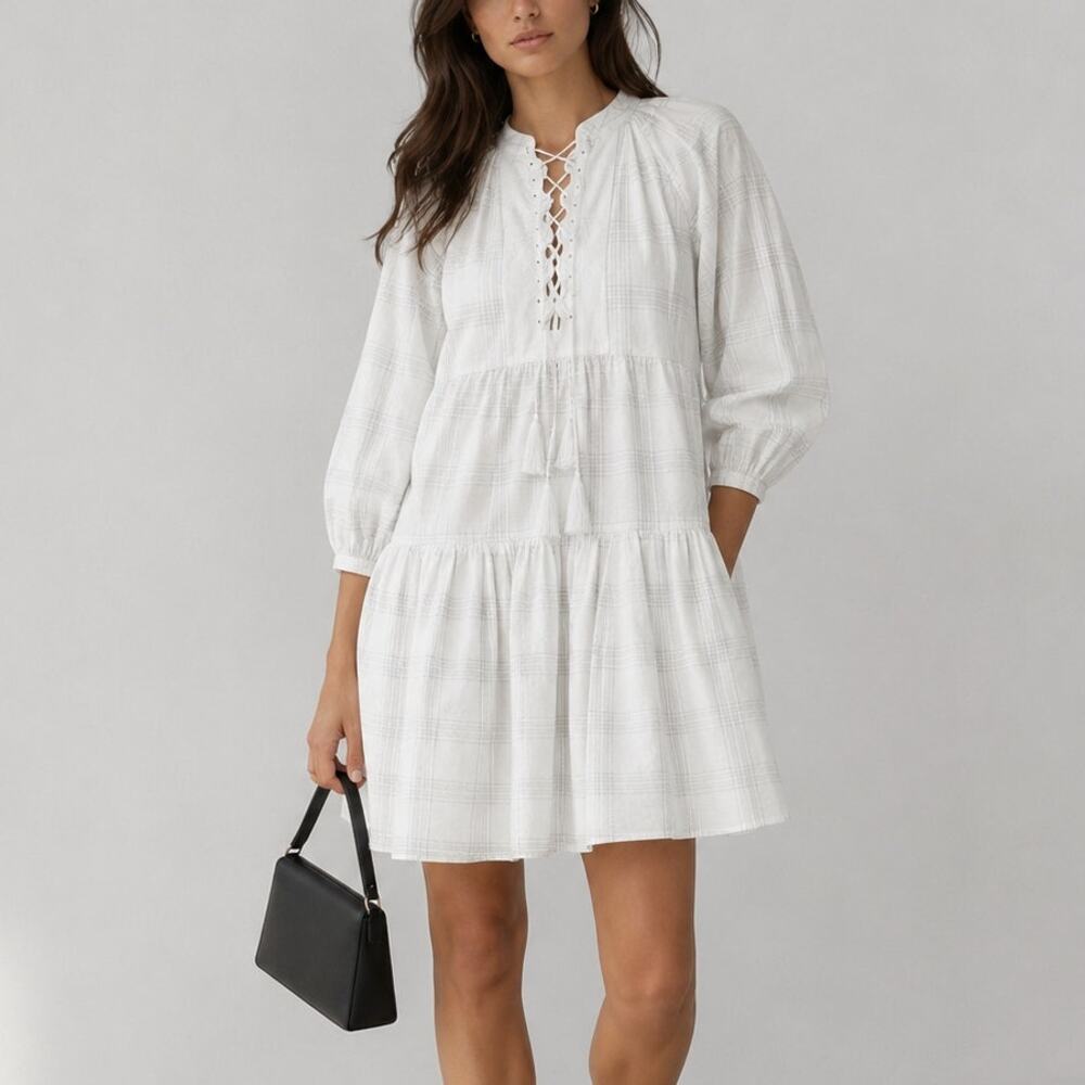 Tory Burch Cotton Lace-up Plaid Short Dress In Windowpane Cotton, size XS